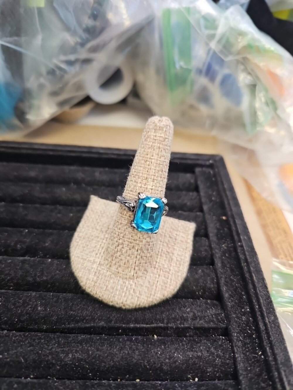 Ring Size 8.5 Silvertone Blue Glass Stone